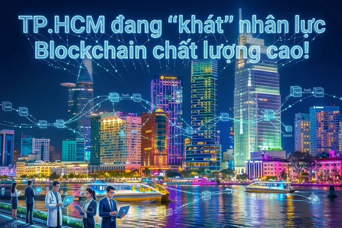 A vibrant nighttime cityscape of Ho Chi Minh City with overlaid blockchain network graphics; the Vietnamese text reads 'TP.HCM đang "khát" nhân lực Blockchain chất lượng cao!' (HCMC is 'thirsty' for high-quality Blockchain talent!).
