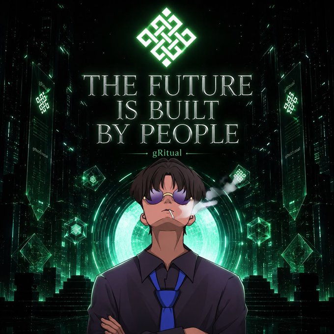 An anime-style promotional graphic reading "THE FUTURE IS BUILT BY PEOPLE" by gRitual, showing a character with sunglasses smoking a cigarette against a neon green futuristic cityscape with floating cubes.