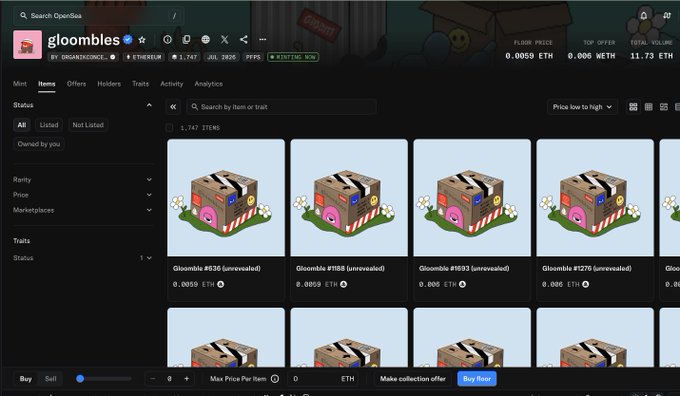 An OpenSea NFT marketplace page displaying the 'gloombles' collection by 'ORGANICHODE...', showing 1,747 items listed at 0.0059 ETH floor price with 11.73 ETH total volume.
