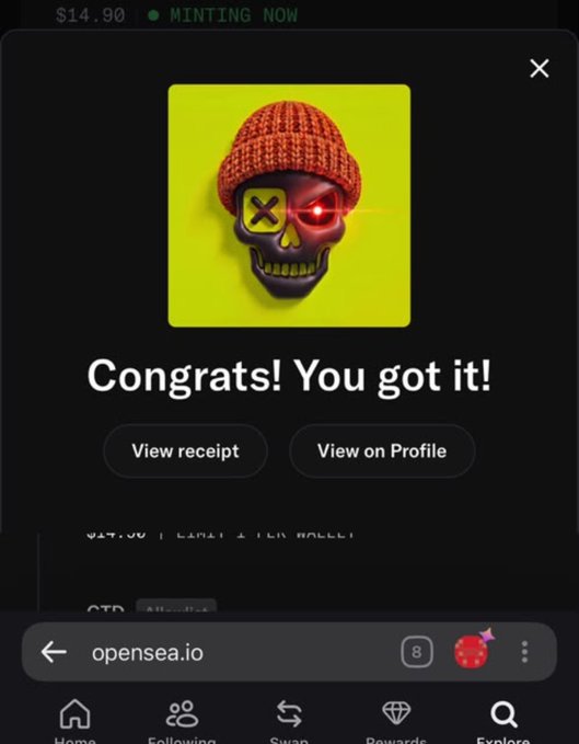 OpenSea mobile interface showing an NFT minting confirmation 'Congrats! You got it!' featuring a skull with a red beanie and 'X' eye, priced at $14.90.