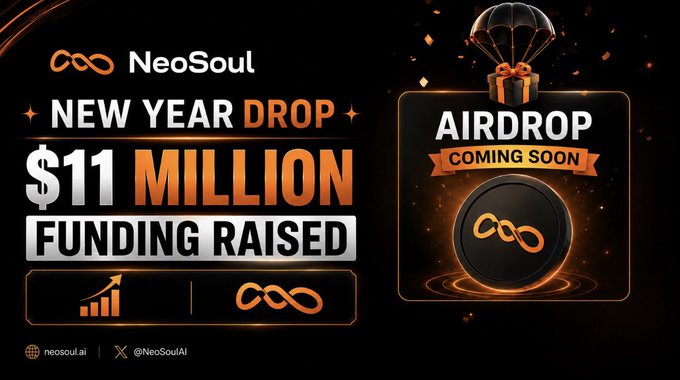 A promotional graphic for NeoSoul announces a "$11 MILLION FUNDING RAISED" New Year drop with an upcoming airdrop, featuring the NeoSoul logo, website (neosoul.ai), and X handle (@NeoSoulAI), aligning with the post's message about the project's $11M raise from MH Ventures and OG Labs and its available points campaign.