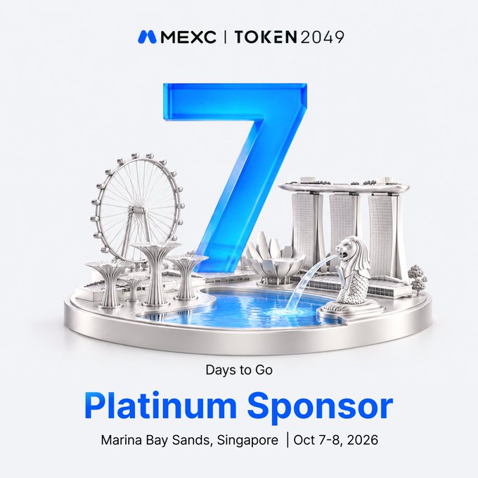 The image is a promotional countdown graphic featuring a large blue "7" alongside miniature 3D renderings of Singapore landmarks—including the Merlion, Marina Bay Sands, and the Singapore Flyer—on a circular silver base. Branded with the "MEXC | TOKEN2049" logos and labeled "7 Days to Go," it announces MEXC as a Platinum Sponsor of the TOKEN2049 conference at Marina Bay Sands, Singapore on October 7–8, 2026.