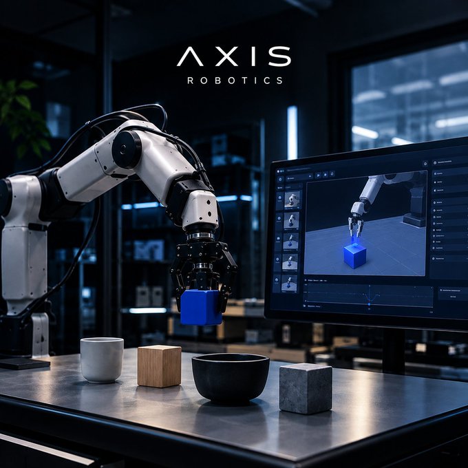 A robotic arm labeled 'AXIS ROBOTICS' holds a blue block, shown alongside a monitor displaying its digital twin and four objects on a table.