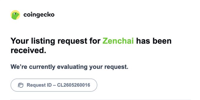 The image shows a screenshot of an email from CoinGeeko, a cryptocurrency exchange platform. The email displays a message that reads "Your listing request for Zenchi has been received." This indicates that someone has successfully listed their cryptocurrency on the platform. The email also includes a link to the CoinGeeko website and a request for users to evaluate their request.