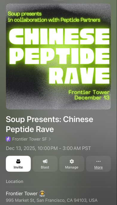 A mobile event page shows "Chinese Peptide Rave" hosted by Soup in collaboration with Peptide Partners at Frontier Tower in San Francisco on December 13, 2025 from 10:00 PM–3:00 AM PST.

The image satirizes the post's complaint about Polymarket by highlighting the "Chinese Peptide Rave" event, implying that peptide-related content (often associated with unverified health/biotech speculation) remains unchallenged while the user's reputation isn't being respected on the platform.