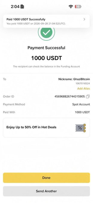 A mobile app screenshot showing a successful payment of 1000 USDT to 'GhaziBitcoin' (1067016524), with options to 'Done' or 'Send Another' at the bottom.