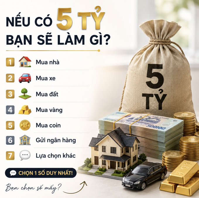 A Vietnamese social media poll asking 'NẾU CÓ 5 TỶ BẠN SẼ LÀM GÌ?' (If you had 5 billion, what would you do?) with options including buying a house, car, land, gold, or crypto, displayed next to a money bag labeled '5 TỶ'.