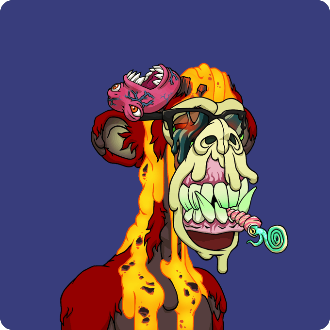 A stylized cartoon illustration of a grotesque, melting face wearing sunglasses with a pink fish perched on its head, set against a blue background.