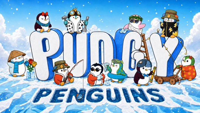 A whimsical illustration of 10 cartoon penguins surrounding the large text "PUDGY PENGUINS," with each penguin depicted in unique outfits or activities (such as fishing, climbing a ladder, carrying flowers, or painting). The image ties directly to a social media challenge asking followers to identify and name all 10 Pudgy Penguins characters from left to right without peeking at replies.
