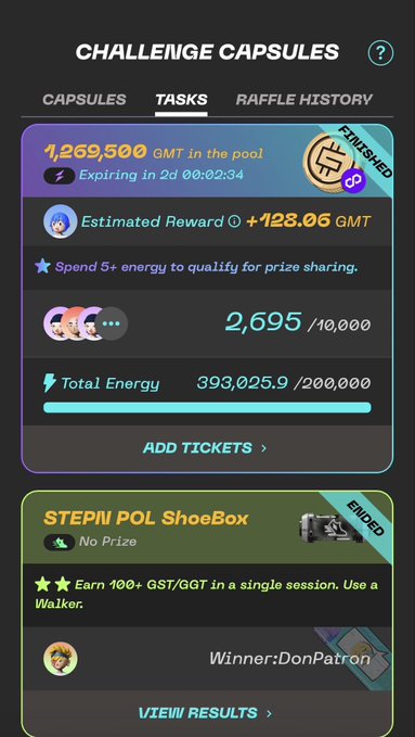 A STEP'N app screenshot displays 'CHALLENGE CAPSULES' with 'TASKS' tab showing 1,269,500 GMT in the pool, an estimated reward of +128.06 GMT, and a completed 'STEPN POL ShoeBox' task.