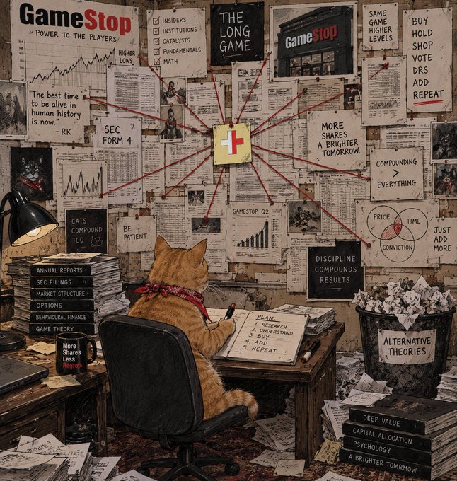 A detailed illustration of an orange cat with a red bandana sitting at a desk, surrounded by GameStop-themed investment charts, notes with phrases like 'THE LONG GAME,' 'BUY HOLD SHOP VOTE,' and 'COMPOUNDING > EVERYTHING,' connected by red strings to a central plus sign.