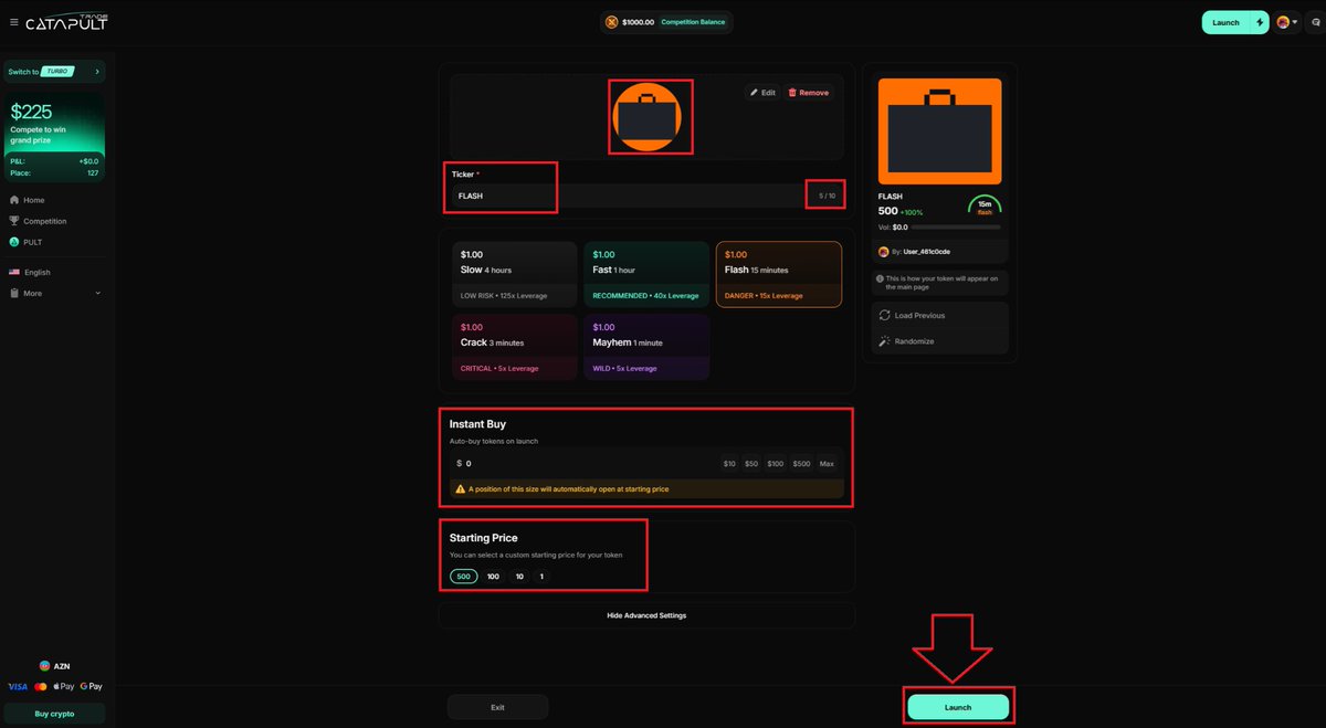 A screenshot of the Catapult crypto token launch platform showing configuration settings for a token named 'FLASH' with options for ticker, fees, instant buy, and starting price, with red boxes highlighting key fields and an arrow pointing to the 'Launch' button.