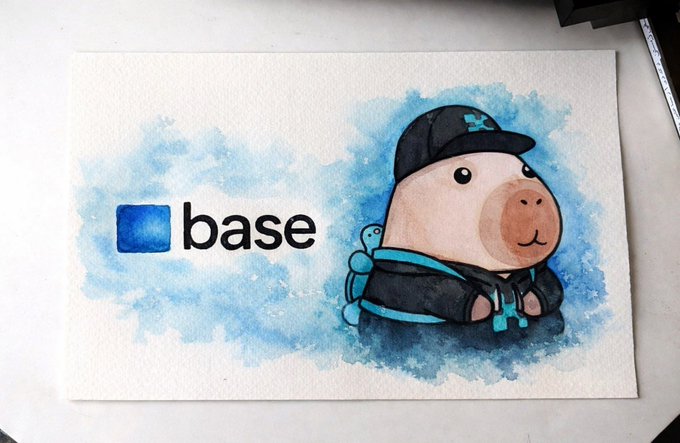 The image features a cartoon pig wearing a black hat with a blue bandana around its neck, standing next to a white paper that says "base" written in blue letters. The background of the image has watercolor splatters, giving it an artistic touch. The caption below the image reads, "Most L2s compete on lower fees. @base is competing on distribution. When your rollup is connected to millions of users through Coinbase, growth stops being just a technical challenge and becomes a network effect. Infrastructure matters. Distribution matters more."