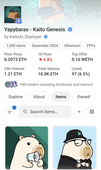 The image shows an OpenSea marketplace listing for the "Yapybaras - Kaito Genesis" NFT collection by KaitoAI_Deployer, displaying a floor price of 0.2073 ETH (up 4.8% in 24 hours) with 1,500 items and 946 holders on Ethereum. This supports the post's claim that Yapybaras has returned to a 0.2 ETH floor price, reflecting the user's interest in timing a potential Kaito NFT purchase at lower levels.