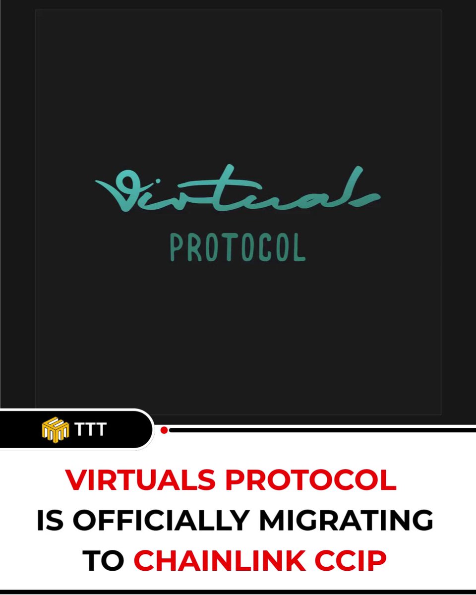 The image shows a black background with white text that reads "@virtuals protocol is officially migrating to @chainlink CCIP". The text also includes a link to a video explaining the migration process.