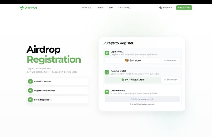A clean registration page for the DappOS airdrop displays a "3 Steps to Register" interface showing completed X (Twitter) login as @decppjay, connected wallet EVM: 0x633C...f5FF, and a confirmed "Registration received" status, with the registration window noted as July 24 to August 2. The interface reinforces the accompanying post's instructions by visually demonstrating the three required steps: connecting a X account, registering a wallet address, and submitting registration.
