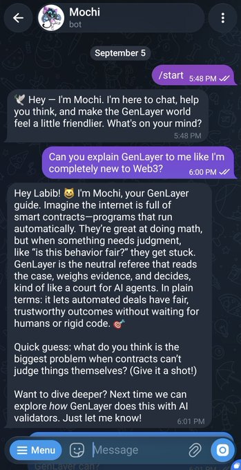 A screenshot of a Telegram chat with the "Mochi" bot on GenLayer, where the user asks Mochi to explain GenLayer as if they're new to Web3, and Mochi responds by describing it as a neutral referee that uses AI validators to judge subjective disputes in smart contracts—like a refund case where a buyer claims an item never arrived.