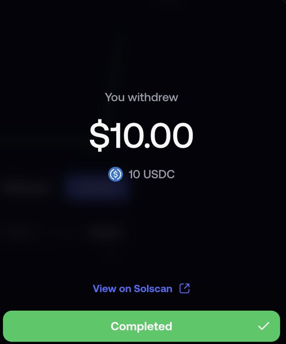 A crypto withdrawal confirmation screen showing "You withdrew $10.00" (10 USDC) with a green "Completed" button and a "View on Solscan" link.
