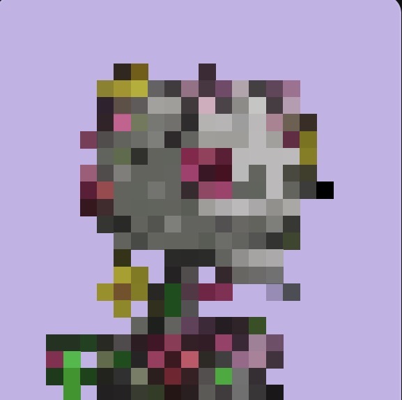 A heavily pixelated image of what appears to be a character or figure displayed against a light purple background.