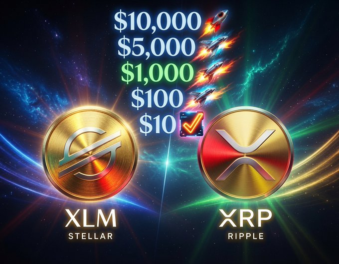 The image displays a vibrant cosmic scene featuring golden Stellar (XLM) and Ripple (XRP) coin logos side by side against a starry backdrop, with rockets launching upward past prize tiers of $10, $100, $1,000, $5,000, and $10,000. The ascending prizes and rising rockets visually reinforce the post's message about holding $XRP and $XLM through short-term volatility in anticipation of future breakout gains in digital finance.