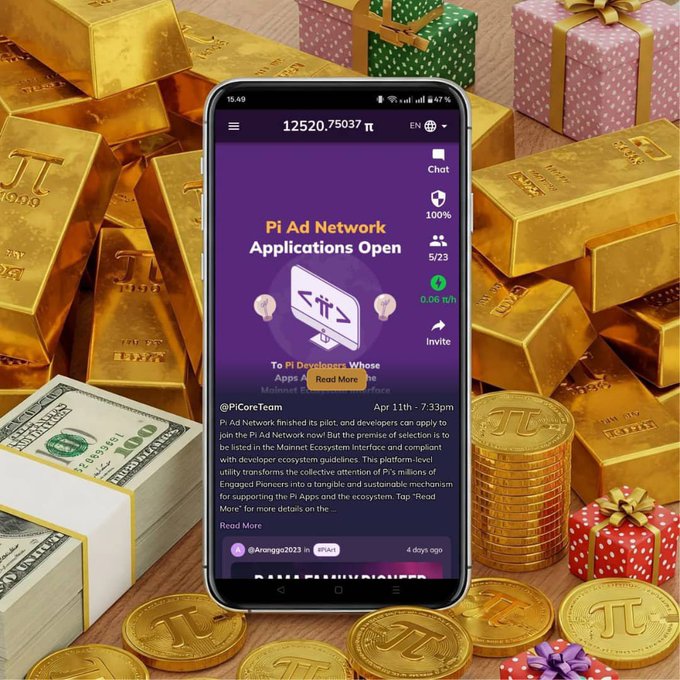 A smartphone displays the "Pi Ad Network Applications Open" announcement, showing a balance of 12520.75037 π, surrounded by gold bars, stacks of US dollars, and Pi-themed coins and gift boxes.
