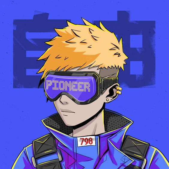 An anime-style illustration of a character with spiky orange hair wearing purple LED goggles displaying 'P2OVE00R' and a blue and purple jacket with a tag reading '798'.
