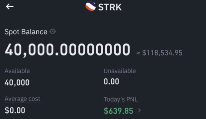 A screenshot of a crypto wallet showing a Spot Balance of 40,000.00000000 STRK tokens (≈$118,534.95), with $639.85 in today's PNL, illustrating the post's question about a STRK airdrop recipient who hasn't sold yet.