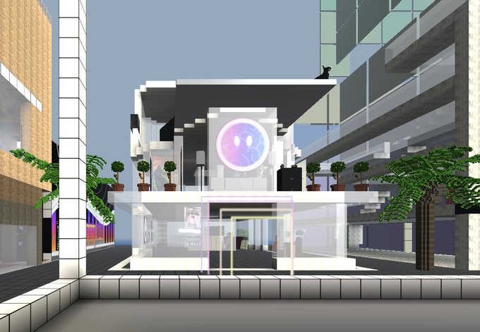 A modern white building with a circular window and glass storefront, surrounded by palm trees and urban architecture in what appears to be a virtual or rendered environment.