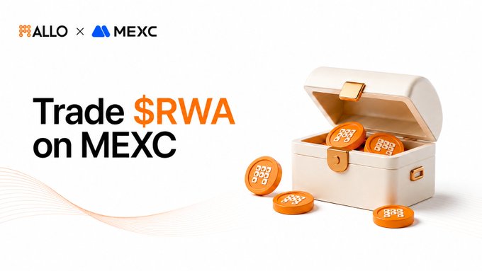 A promotional banner for 'ALLO x MEXC' advertising to 'Trade $RWA on MEXC' with a 3D render of an open treasure chest filled with orange tokens.