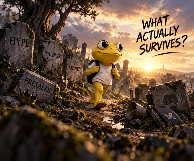 A yellow cartoon frog with a backpack walks past gravestones labeled "HYPE," "INFLUENCERS," "VC MONEY," and "PRESALES," with the text "WHAT ACTUALLY SURVIVES?" overhead.