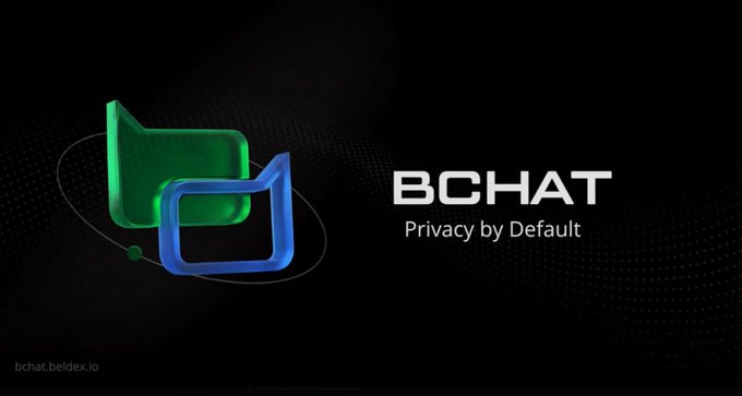 Promotional graphic for BCHAT with the tagline 'Privacy by Default' and the URL 'bchat.beldex.io' displayed alongside green and blue 3D chat bubble logos on a black background.