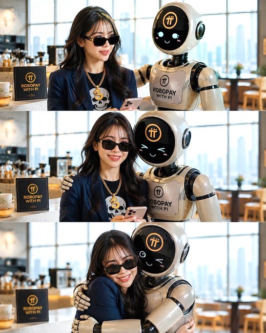 The image shows three sequential frames of a smiling woman wearing sunglasses and a skull-print shirt posing affectionately with a friendly humanoid robot in a bright café setting, with visible signage reading "ROBOPAY WITH PI" on a counter placard and the robot's chest. The visual demonstrates the integration between the RoboPay robotic service platform and the Pi cryptocurrency payment network, illustrating how Pi serves as the payment method for RoboPay's robot infrastructure services.