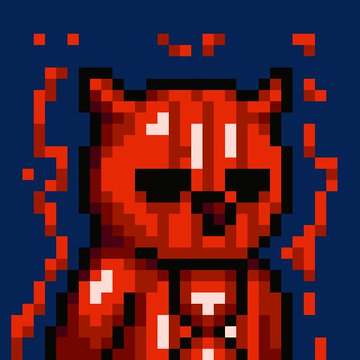 Pixel art image of a red devil or imp character with small horns against a dark blue background, with red pixelated elements scattered around.