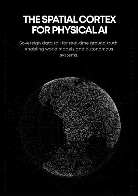 A promotional graphic with the text 'THE SPATIAL CORTEX FOR PHYSICAL AI' and a description about a sovereign data rail, set against a background of a dotted globe.