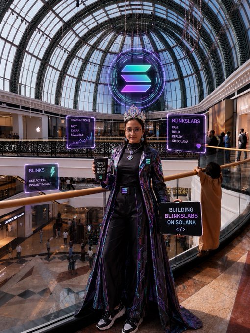 A woman in an elaborate iridescent gown and crown stands in a grand glass-domed shopping arcade, surrounded by floating digital displays featuring the Solana logo and text such as 'BLINKS BUILDING BLINKSLABS ON SOLANA'.