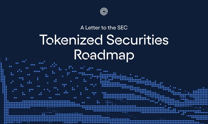 A dark blue graphic with a halftone-style digital pattern at the bottom displays the text "A Letter to the SEC" above the large headline "Tokenized Securities Roadmap," along with a circular logo at the top. The image visually represents the SEC's proposal to allow blockchain as the official record of ownership for tokenized securities—a regulatory milestone that aligns with Ondo Finance's push for updated tokenization rules mentioned in the post.