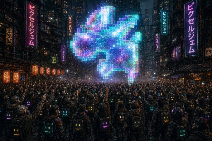 A cyberpunk-style digital art scene depicting a large glowing pixelated figure (resembling Cardano's logo) floating above a crowd of hooded figures with illuminated faces in a neon-lit city with Japanese signage reading 'ピクセルジェム' (Pixel Gem).