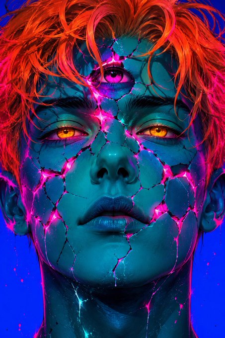 A vibrant digital artwork of a face with cracked cyan skin, glowing pink/magenta fissures, three eyes with golden irises, and bright orange flowing hair against a blue background.