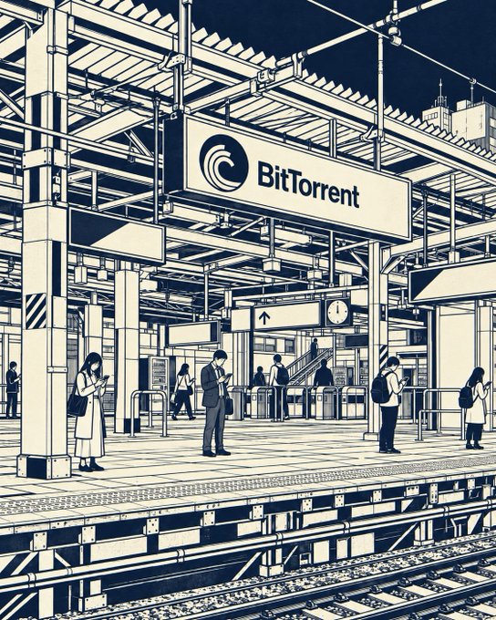 A monochromatic illustration of a bustling train station platform features a prominent overhead sign reading "BitTorrent," with several commuters absorbed in their phones—reflecting the post's metaphor of being "lost in a grid of steel and peer-to-peer ghosts" amid the lingering presence of the once-dominant file-sharing network.