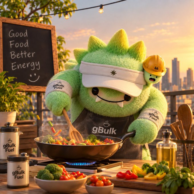 A fuzzy green monster mascot wearing an apron labeled "gBulk Fuel" and a visor cooks a stir-fry of vegetables on a portable burner, with a chalkboard reading "Good Food Better Energy" behind it.