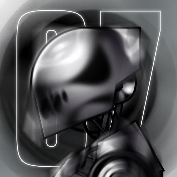 An abstract grayscale digital artwork features swirling metallic shapes and glowing white neon outlines forming geometric forms.