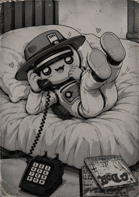 The image shows a cute black-and-white illustration of a character wearing a "5R" hat, lying on a pillow while talking on a rotary phone with their feet kicked up, alongside a push-button phone and what appears to be a Japanese magazine with visible text "DEAN" on the floor. The whimsical, vintage-styled artwork complements the post's playful "wrong answers only" prompt by inviting humorous guesses about who the character might be on a call with.