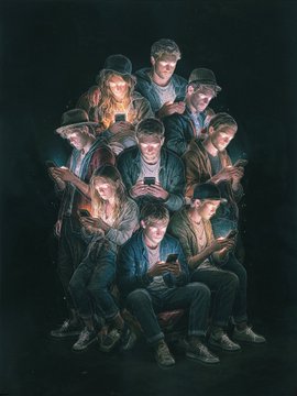 A dark, moody illustration depicts a group of young people clustered together, all looking down at their smartphones, illuminated by the glow of the screens.