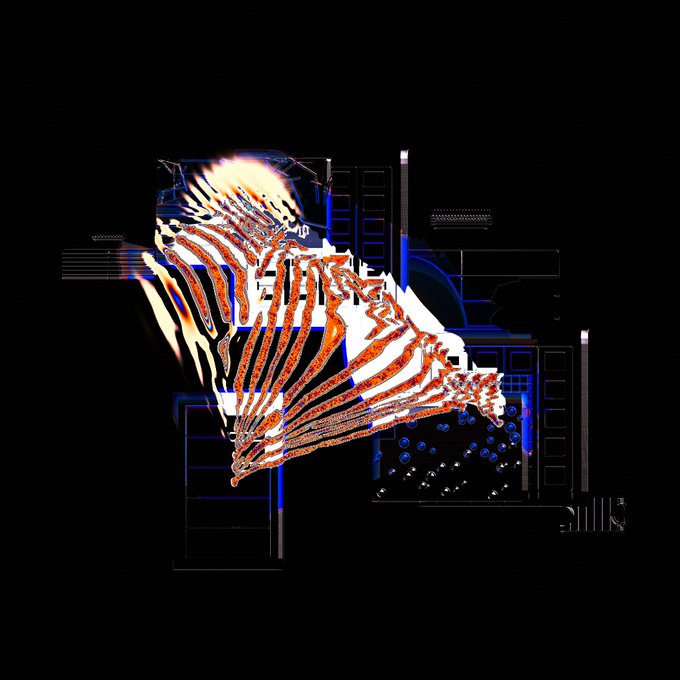 An abstract digital artwork features a distorted, glitch-like orange and white striped form against a black background with blue geometric and grid-like patterns.