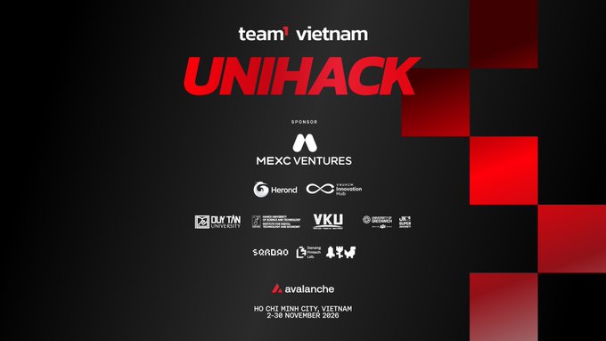A promotional poster for 'team vietnam UNIHACK' event sponsored by Mexc Ventures and other partners, dated 2-28 November 2020 in Ho Chi Minh City.