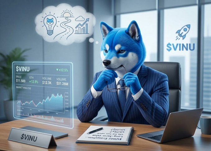 AI-generated image of an anthropomorphic blue Shiba Inu dog in a business suit sitting at a desk, analyzing $VINU token price ($11.500, +12.5%) with charts and thought bubbles showing growth concepts.