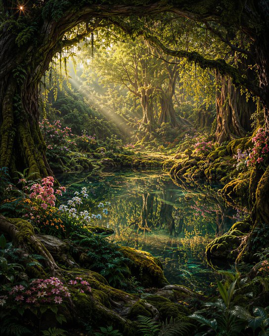 A richly detailed, painterly digital artwork portrays a serene, moss-draped forest with a reflective pool of water, illuminated by warm sunbeams filtering through a canopy arch.