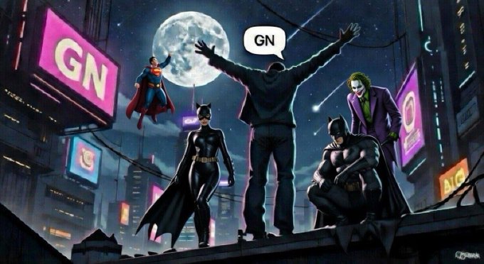 A comic-book style image of a figure standing with arms outstretched, surrounded by superheroes including Superman, Batman, Catwoman, and the Joker, with 'GN' speech bubbles and a 'GN' neon sign.