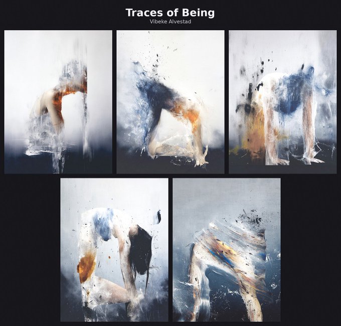 A portfolio titled "Traces of Being" by Vibeke Alvestad featuring five abstract, blurred figurative paintings in blue, white, and orange tones.