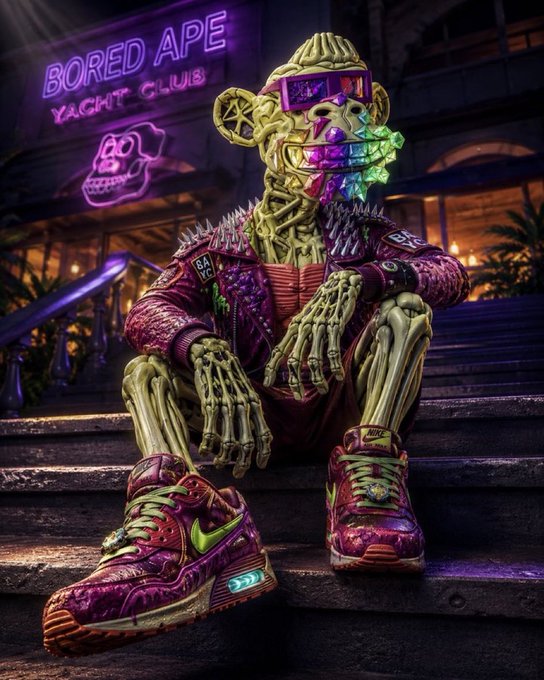A skeletal mutant ape wearing vibrant purple and green Nike sneakers and a spiked jacket sits on steps beneath a neon "BORED APE YACHT CLUB" sign, perfectly matching the "GM Happy Mutant Monday Clubhouse coming thoon" post by showcasing the BAYC aesthetic with a gritty, cyberpunk twist.